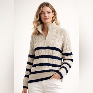 Lands' End Womens Drifter Cable Quarter Zip Sweater Beige Stripe Size 1X Preppy